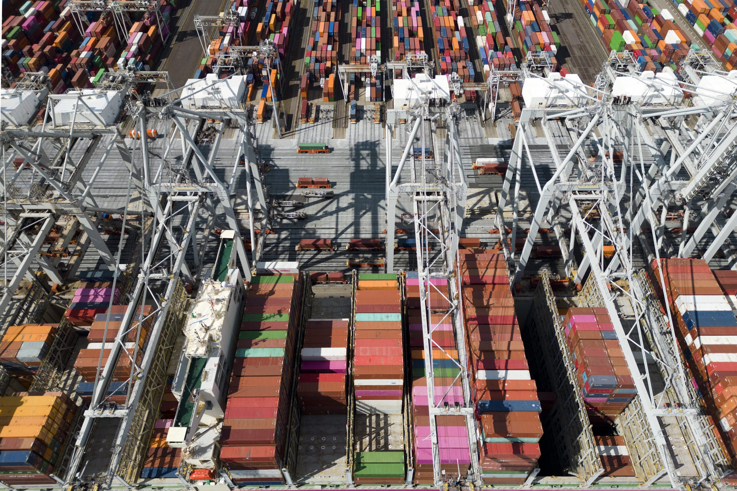A large containership in a harbour